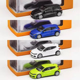 Diecast model car set, four small cars in black, blue, white, and green.
