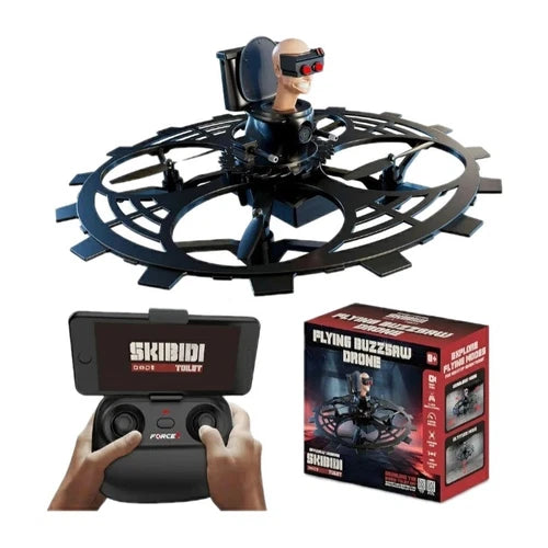 RC flying buzzsaw drone with FPV camera, controller, and retail box