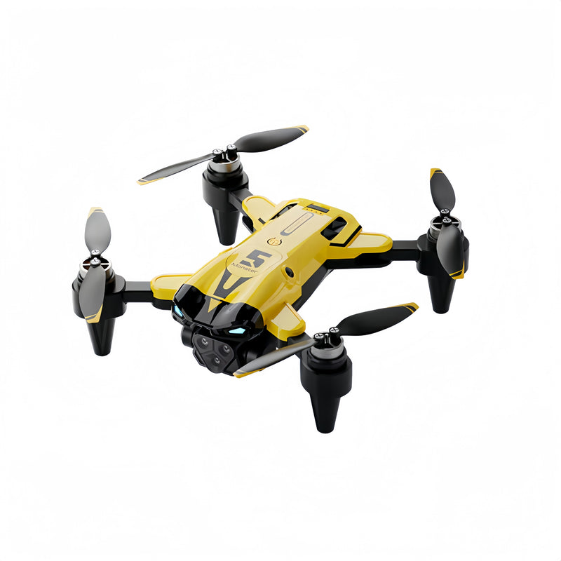 Yellow foldable quadcopter drone with four propellers and motor housings