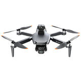 Gray quadcopter drone with camera, front controller screen, four foldable propellers