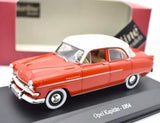 Opel Kapitan 1954 diecast car model, red, 1:43 scale with chrome bumper
