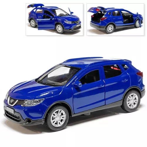 Blue Nissan Qashqai diecast model car, 1/36 scale, front three-quarter view with detailed wheels