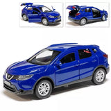 Blue Nissan Qashqai diecast model car, 1/36 scale, front three-quarter view with detailed wheels