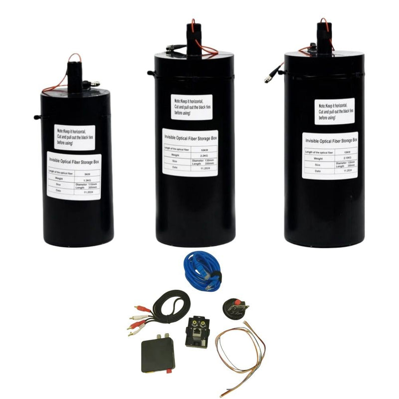Black optic fiber cable reel kit with blue fiber spool and small drone electronics