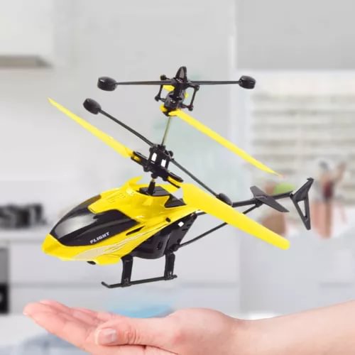 Mini RC flying helicopter drone toy, yellow and black with spinning rotor blades