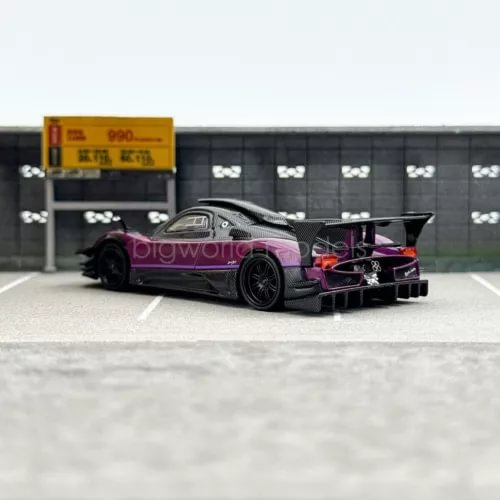 1:64 scale racing diecast sports car model, purple and black front 3/4 view