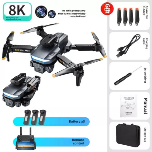 Foldable 8K aerial camera drone with four propellers and remote, plus extra batteries