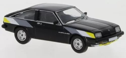 Black 1980 Opel Manta B diecast model car with white and yellow stripes
