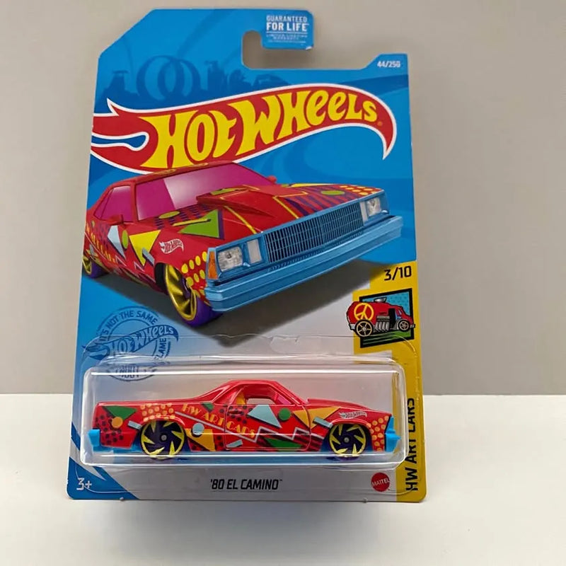 Hot Wheels diecast car, red 1980 El Camino with multicolor graphics