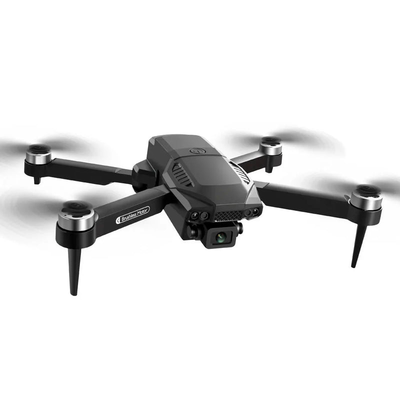 Foldable mini quadcopter drone with four propellers and front camera, gray