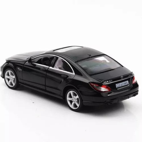 Mercedes CLS 1:36 diecast toy car, black rear 3/4 view with pull-back wheels