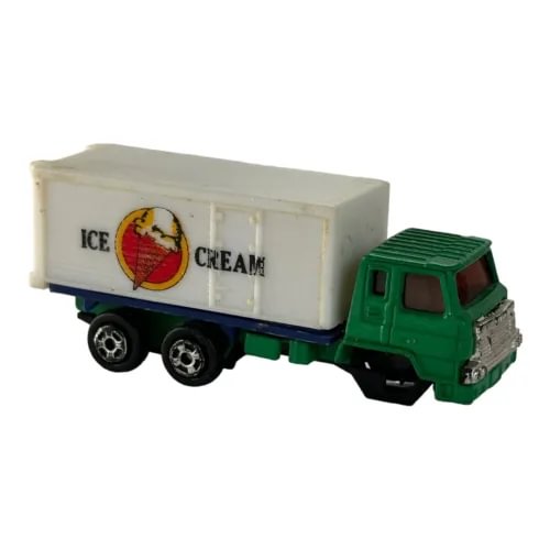 Diecast ice cream box truck model with green cab and white side panel with ICE CREAM logo