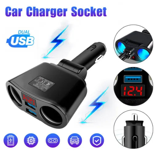 Dual USB car charger socket with digital voltmeter, black