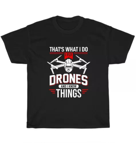 Black crew-neck T-shirt with drone illustration and slogan text