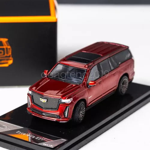 1/64 scale red Cadillac Escalade ESV diecast SUV model car, front 3/4
