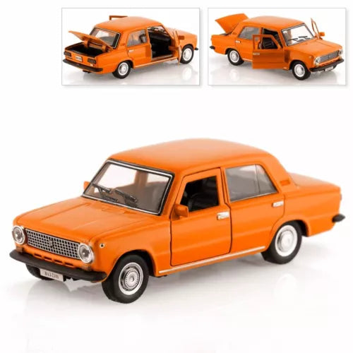 Orange 1/36 diecast model sedan car with openable doors and detailed grille