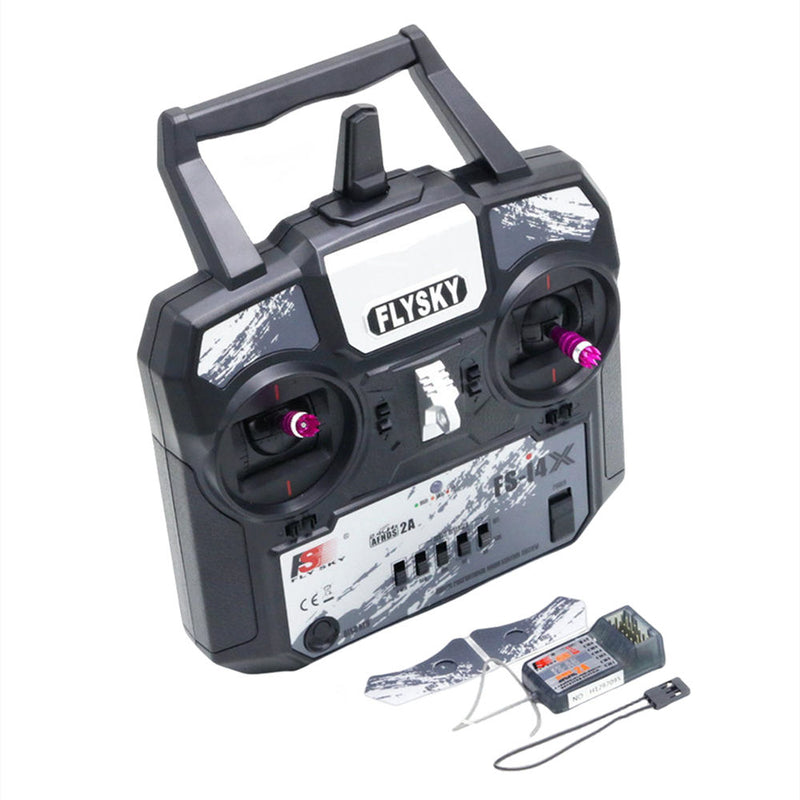 Black Flysky RC transmitter with dual sticks and foldable antenna, plastic body