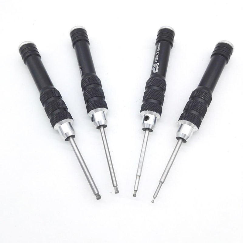 Screwdriver tool kit set with black textured handles and metal shafts, four pieces