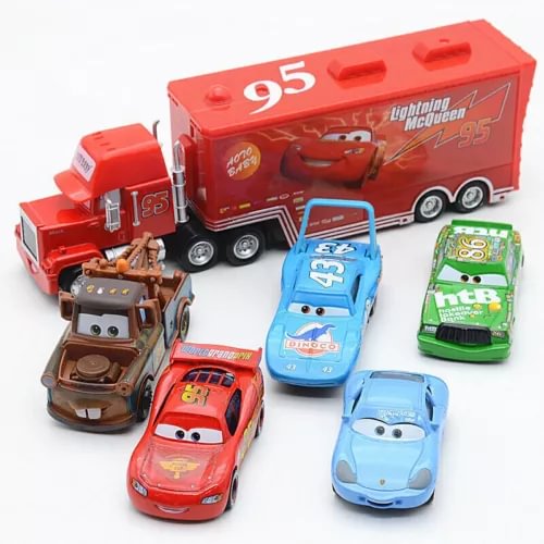 1:55 diecast model toy cars, including red truck, tow truck, blue and green cars