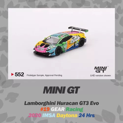 1:64 scale Lamborghini Huracan GT3 EVO #19 racing diecast car, front 3/4 view