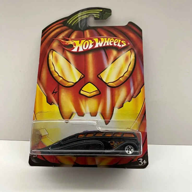 Hot Wheels Halloween diecast car in blister pack, black body with orange pumpkin graphics