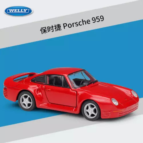 Red diecast Porsche 959 model toy car with silver wheels, Welly logo