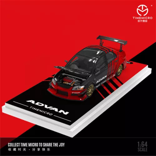 1:64 scale diecast model car, red and black race car on display base