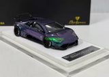 Purple and green 1:64 diecast sports car model with display base