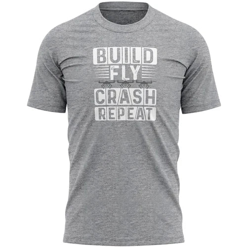 Men's heather gray T-shirt with 'BUILD FLY CRASH REPEAT' drone graphic