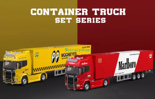 Diecast container delivery truck set with yellow and red tractor and shipping containers