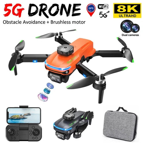 Foldable quadcopter drone with orange body, four propellers, controller and case