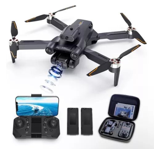 Foldable quadcopter drone with 4K camera, controller, and carrying case.