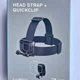 Black head strap with quick-clip mount, action camera attached
