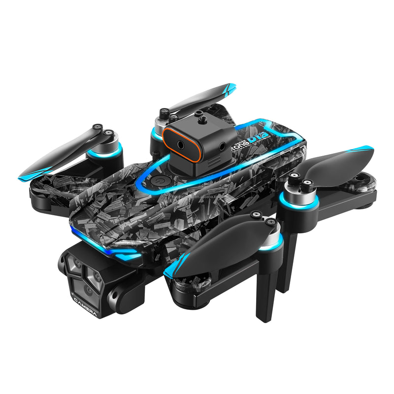 Mini quadcopter drone with blue LED accents and front camera housing