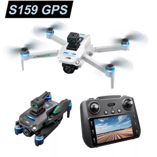 White quadcopter drone with 4 rotors and GPS camera, plus handheld controller screen