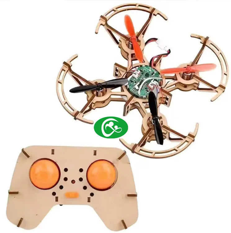 DIY wooden drone kit with remote control and assembled quadcopter frame