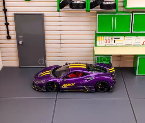 Purple racing sports diecast car model with black wheels and decals, side view