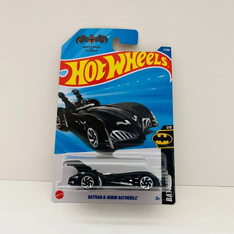 Black and silver Batman & Robin Batmobile diecast car in Hot Wheels blister pack