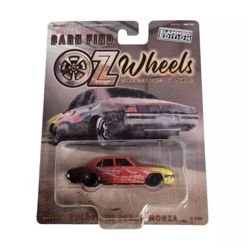 1:64 diecast sedan toy car, red with black wheels and yellow accents in blister pack