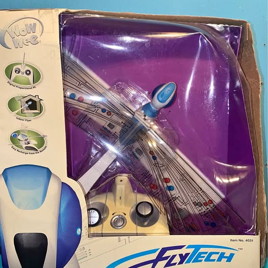 FlyTech robotic dragonfly RC drone in purple retail box, clear plastic window