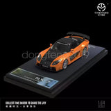 Orange 1:64 diecast model car on display base, black hood and white wheels