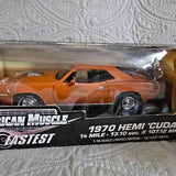 Orange 1970 Hemi Cuda diecast muscle car in display box