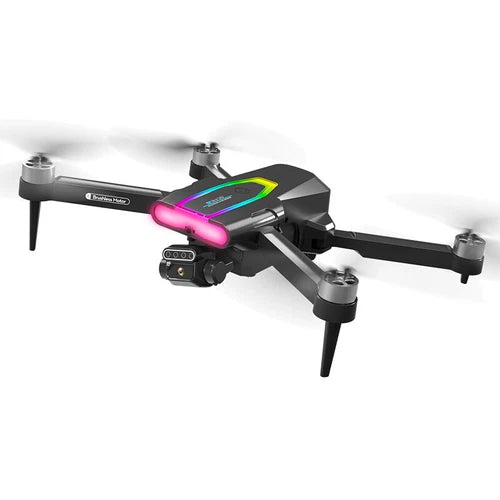Black quadcopter toy drone with front camera and four propellers, pink LED light strip.