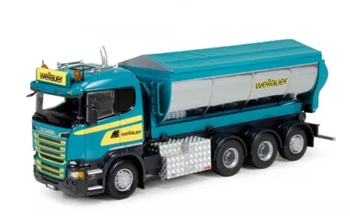 Diecast tipper truck model, teal blue cab and dump body with Wellauer logo