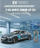 1:36 Audi e-tron GT diecast mini car, gray, open doors, detailed wheels