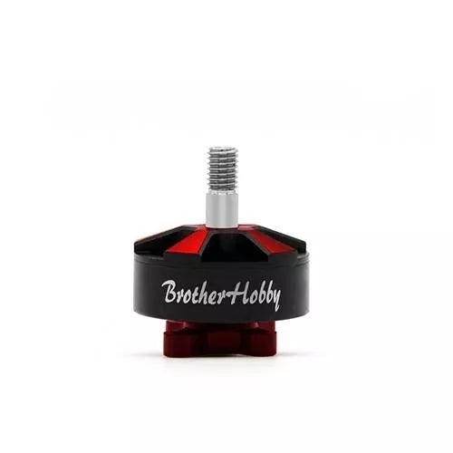 Drone motor with threaded shaft and BrotherHobby logo, black and red accents