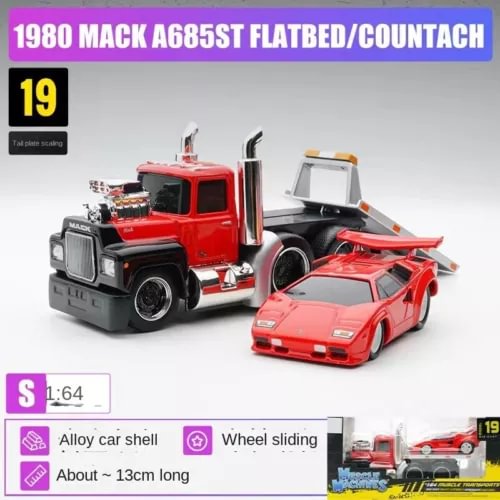 1:64 red diecast flatbed truck with red sports car on trailer, metal model set