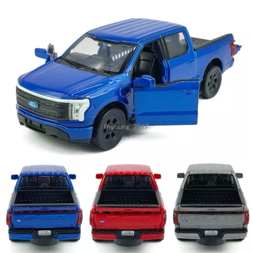 Blue Ford F-150 Lightning diecast pickup truck toy car, front-left view
