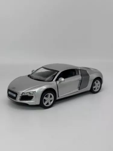 Silver Audi R8 diecast model car, 1:36 pull-back action, front 3/4 view