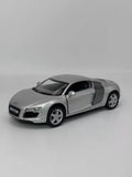 Silver Audi R8 diecast model car, 1:36 pull-back action, front 3/4 view
